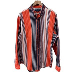 Ralph Lauren Button Down Shirt XL orange Navy Blue Striped Custom Fit 17.5